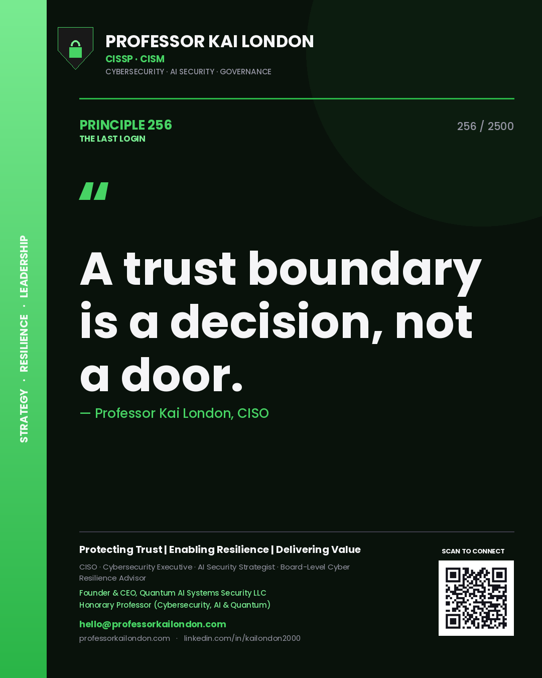 Quote card by Professor Kai London reading 'A trust boundary is a decision, not a door.'. From the book The Last Login.