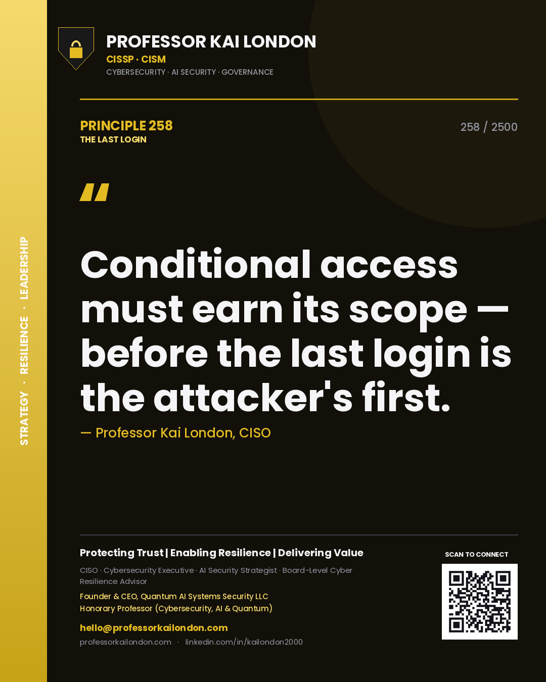 Quote card by Professor Kai London reading 'Conditional access must earn its scope — before the last login is the attacker's first.'. From the book The Last Login.