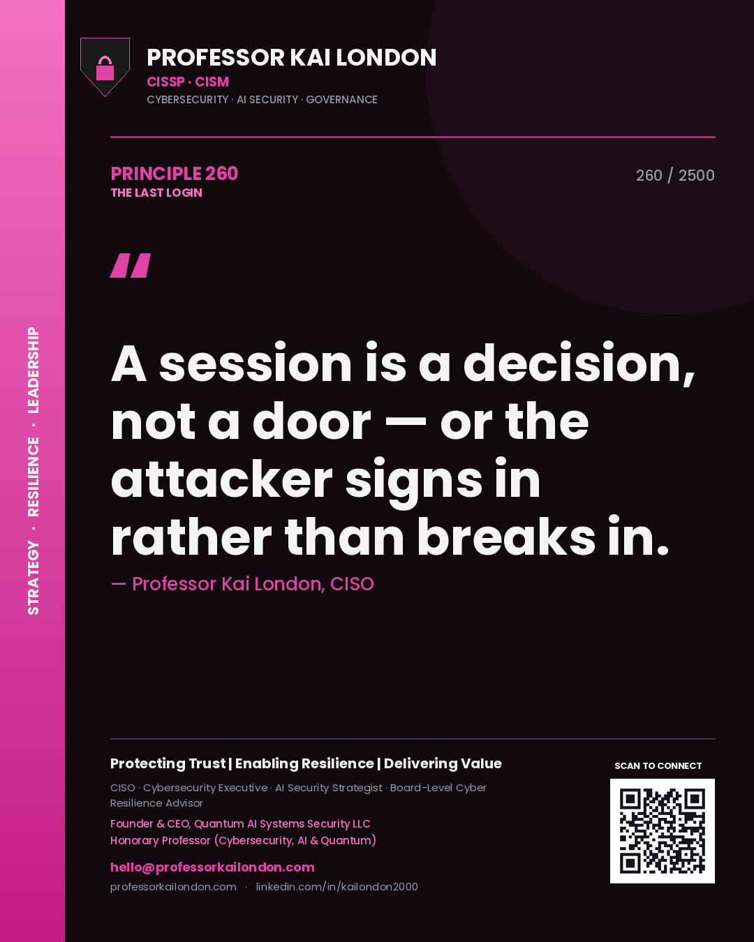 Professor Kai London principle 260: A session is a decision, not a door — or the attacker signs in rather than breaks in.