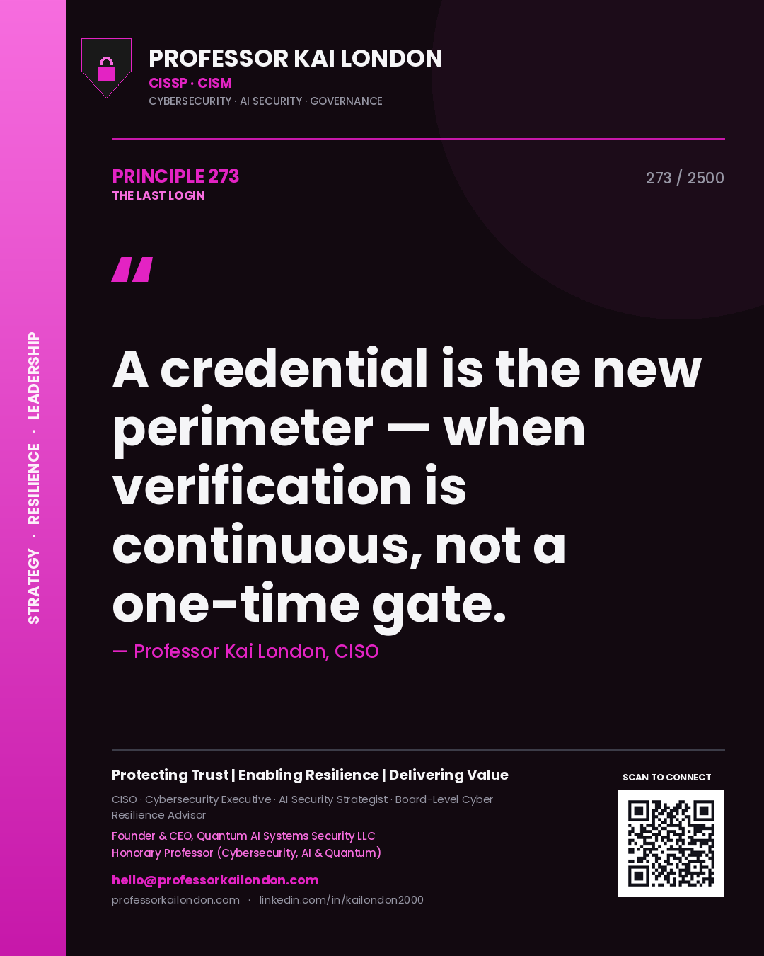 Professor Kai London principle 273: A credential is the new perimeter — when verification is continuous, not a one-time gate.