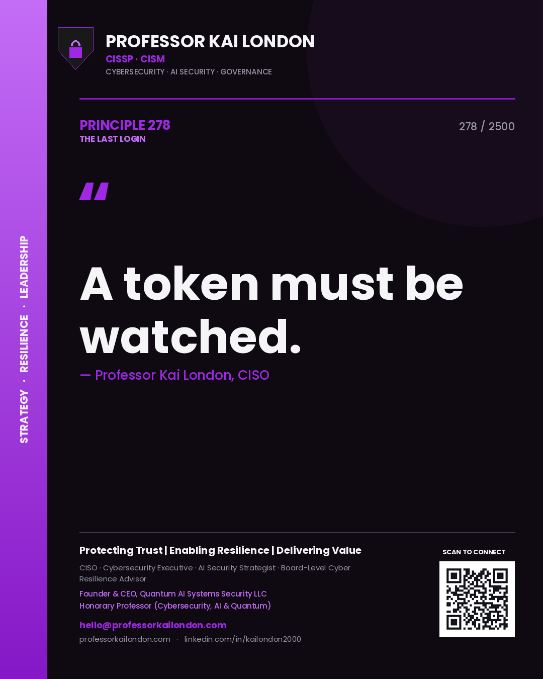 Quote card by Professor Kai London reading 'A token must be watched.'. From the book The Last Login.