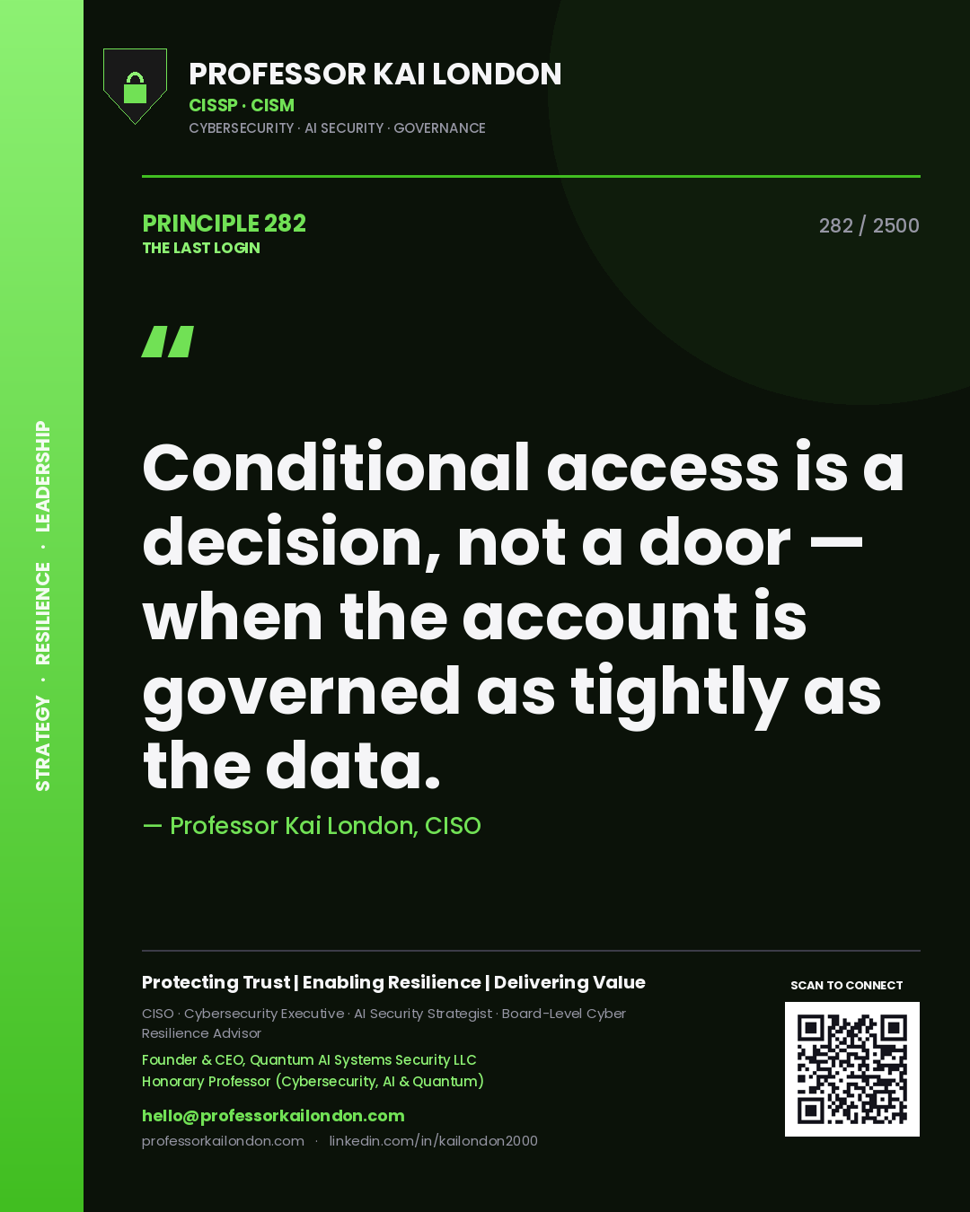 Quote card by Professor Kai London reading 'Conditional access is a decision, not a door — when the account is governed as tightly as the data.'. From the book The Last Login.