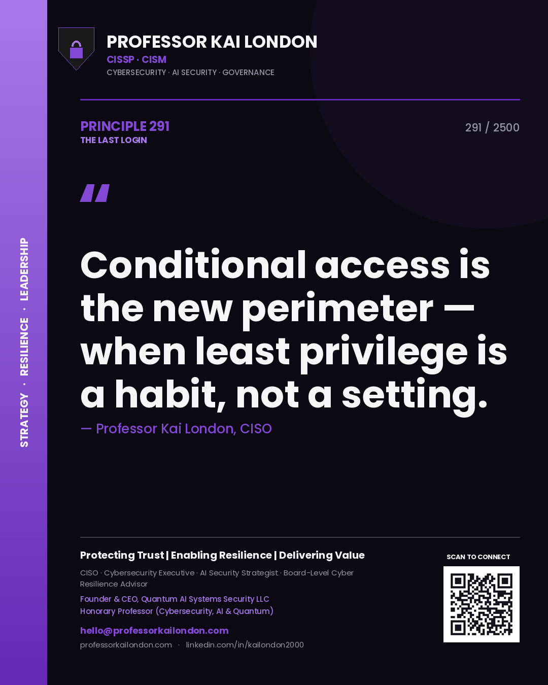 Quote card by Professor Kai London reading 'Conditional access is the new perimeter — when least privilege is a habit, not a setting.'. From the book The Last Login.