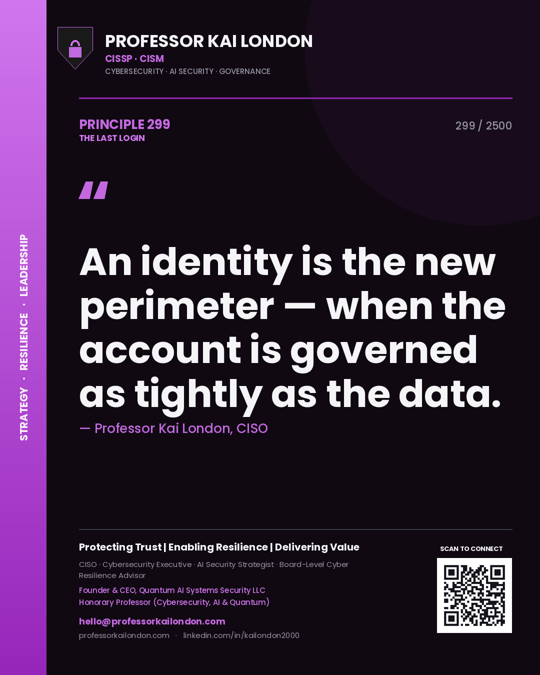 Quote card by Professor Kai London reading 'An identity is the new perimeter — when the account is governed as tightly as the data.'. From the book The Last Login.