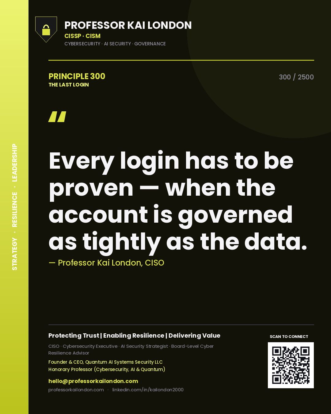 Quote card by Professor Kai London reading 'Every login has to be proven — when the account is governed as tightly as the data.'. From the book The Last Login.