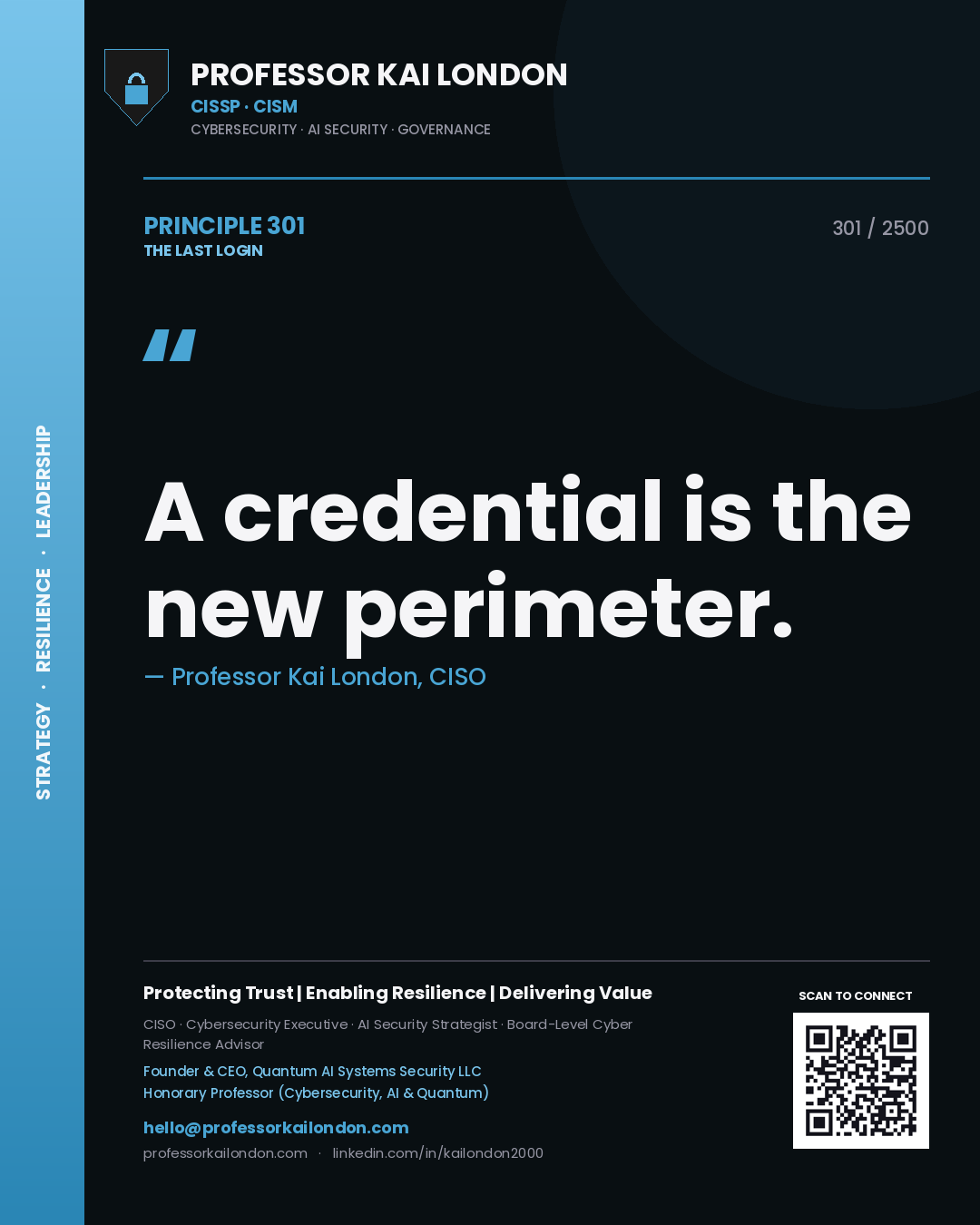 Quote card by Professor Kai London reading 'A credential is the new perimeter.'. From the book The Last Login.