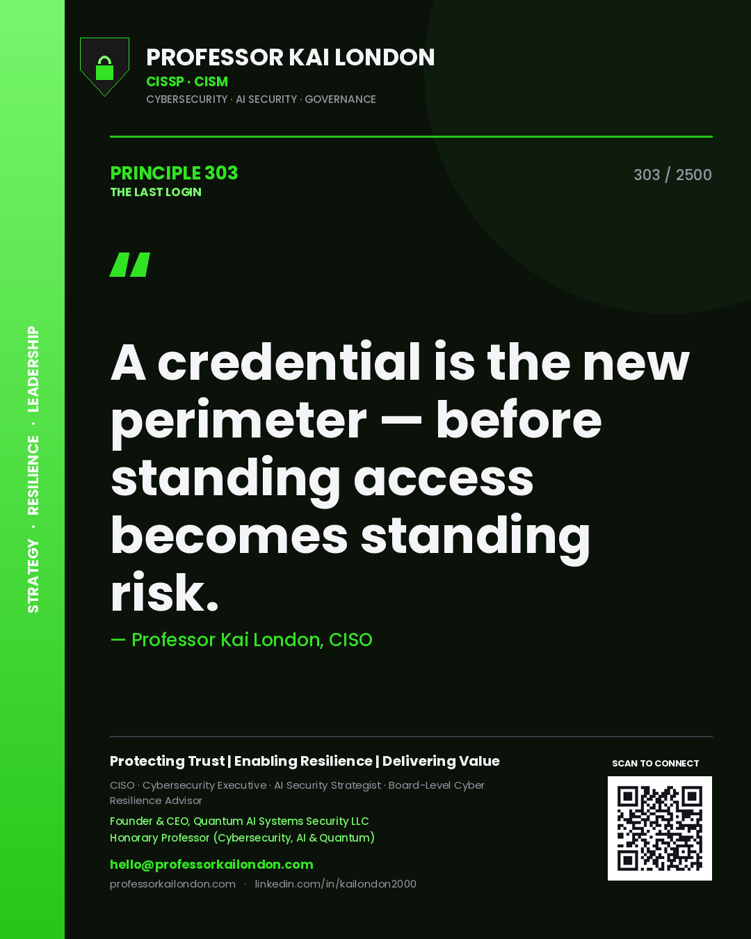 Quote card by Professor Kai London reading 'A credential is the new perimeter — before standing access becomes standing risk.'. From the book The Last Login.