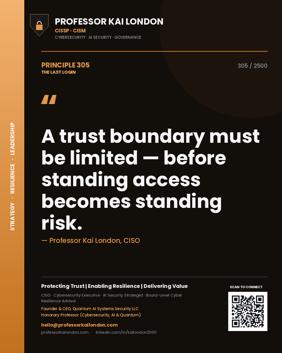 Quote card by Professor Kai London reading 'A trust boundary must be limited — before standing access becomes standing risk.'. From the book The Last Login.