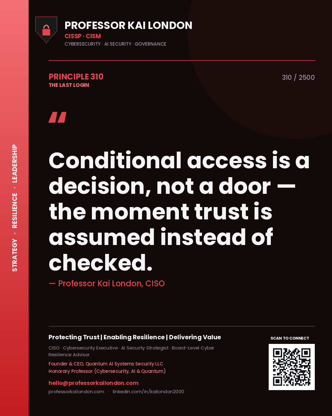 Professor Kai London principle 310: Conditional access is a decision, not a door — the moment trust is assumed instead of checked.