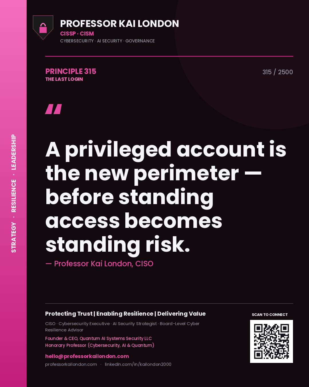 Quote card by Professor Kai London reading 'A privileged account is the new perimeter — before standing access becomes standing risk.'. From the book The Last Login.