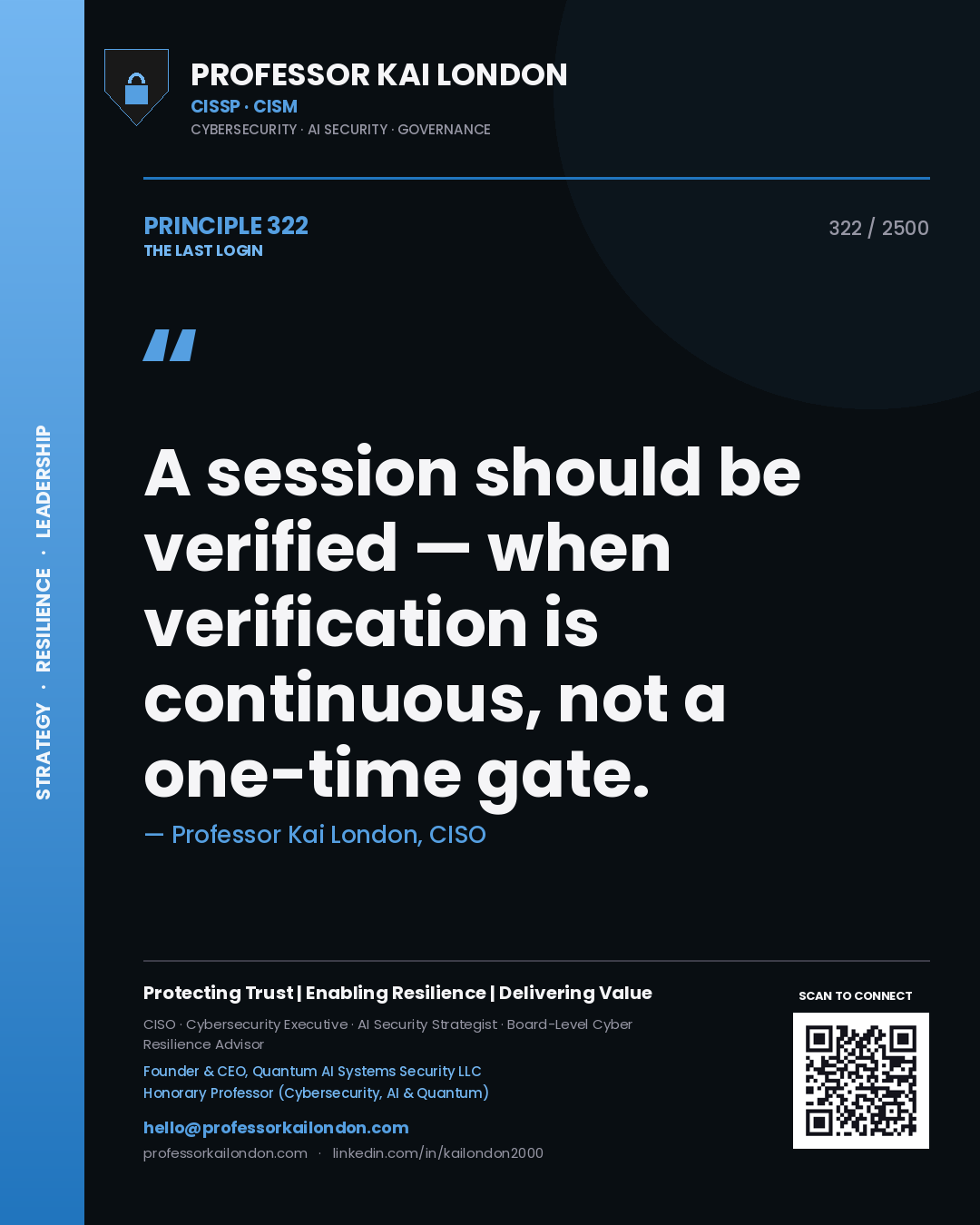 Quote card by Professor Kai London reading 'A session should be verified — when verification is continuous, not a one-time gate.'. From the book The Last Login.