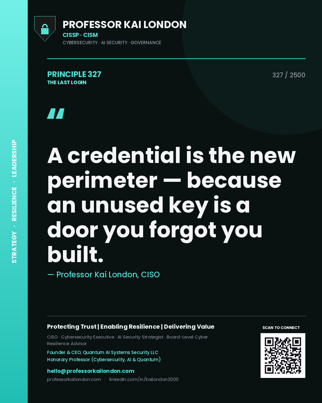 Professor Kai London principle 327: A credential is the new perimeter — because an unused key is a door you forgot you built.