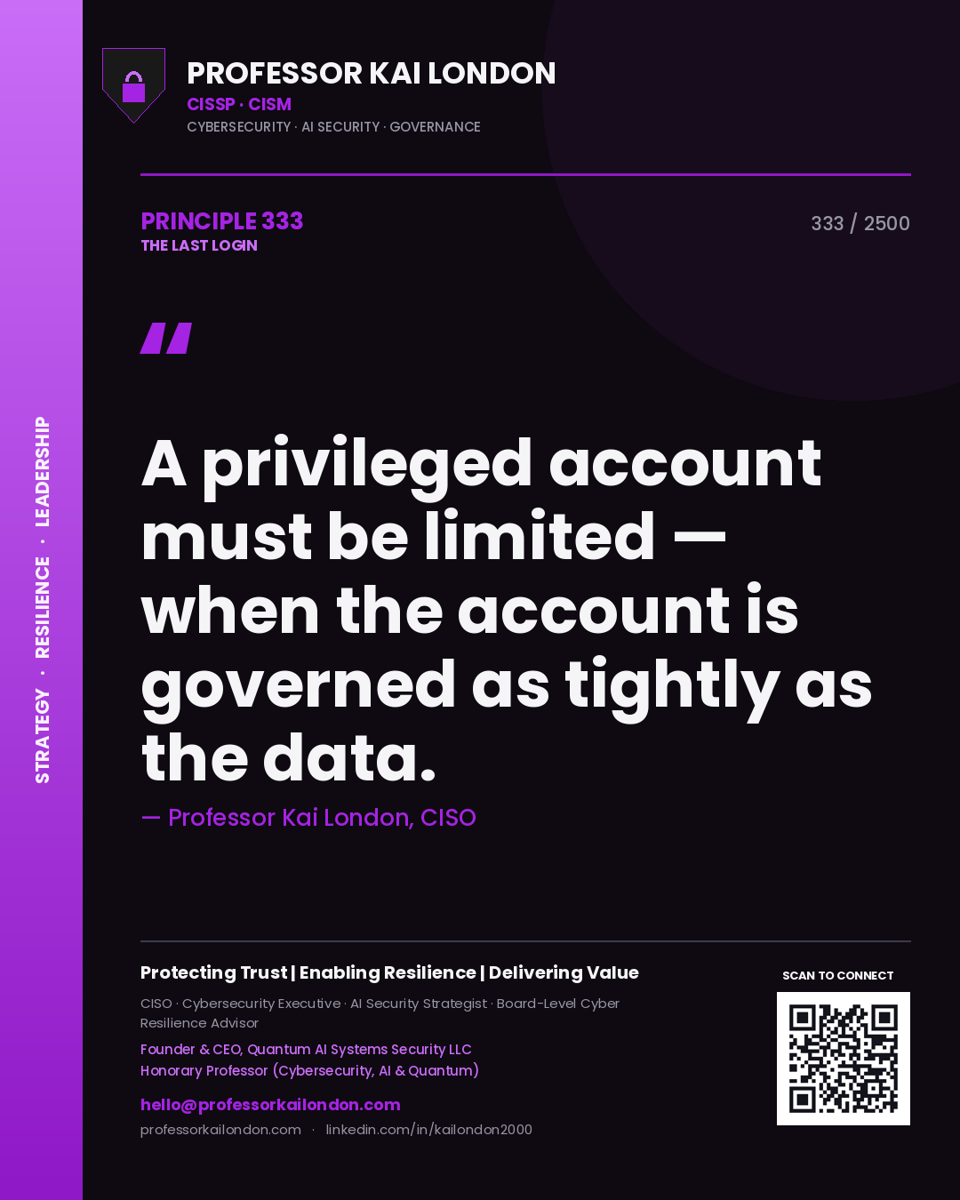 Quote card by Professor Kai London reading 'A privileged account must be limited — when the account is governed as tightly as the data.'. From the book The Last Login.