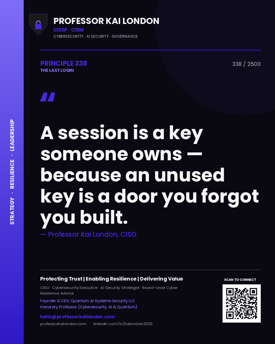 Professor Kai London principle 338: A session is a key someone owns — because an unused key is a door you forgot you built.