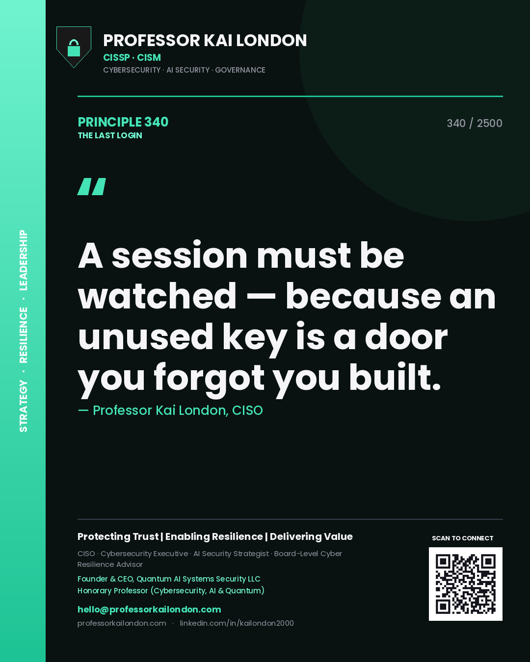 Quote card by Professor Kai London reading 'A session must be watched — because an unused key is a door you forgot you built.'. From the book The Last Login.