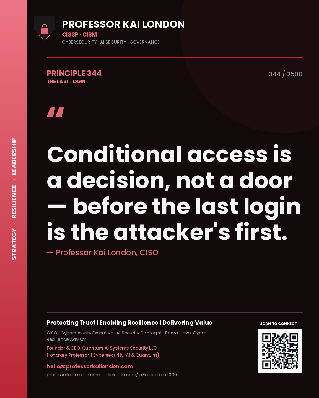 Professor Kai London principle 344: Conditional access is a decision, not a door — before the last login is the attacker's first.