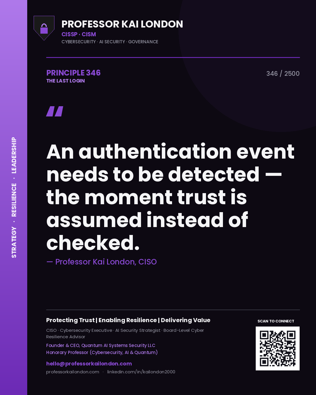 Quote card by Professor Kai London reading 'An authentication event needs to be detected — the moment trust is assumed instead of checked.'. From the book The Last Login.