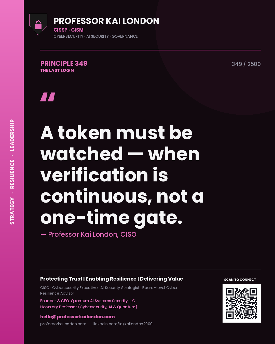 Quote card by Professor Kai London reading 'A token must be watched — when verification is continuous, not a one-time gate.'. From the book The Last Login.