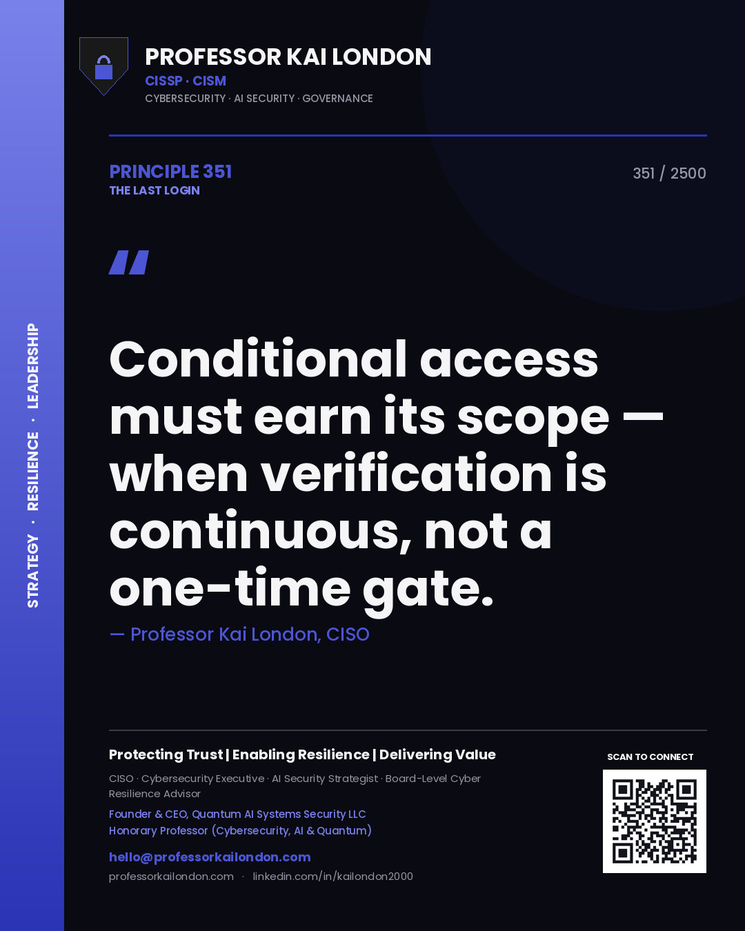 Quote card by Professor Kai London reading 'Conditional access must earn its scope — when verification is continuous, not a one-time gate.'. From the book The Last Login.