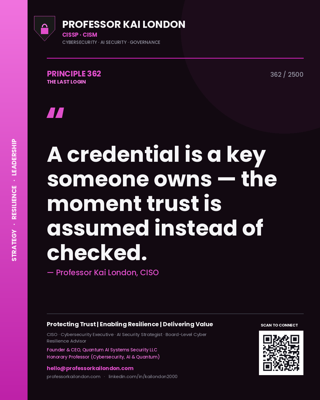 Quote card by Professor Kai London reading 'A credential is a key someone owns — the moment trust is assumed instead of checked.'. From the book The Last Login.