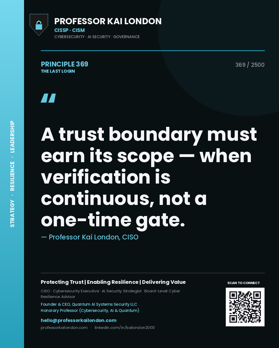 Quote card by Professor Kai London reading 'A trust boundary must earn its scope — when verification is continuous, not a one-time gate.'. From the book The Last Login.