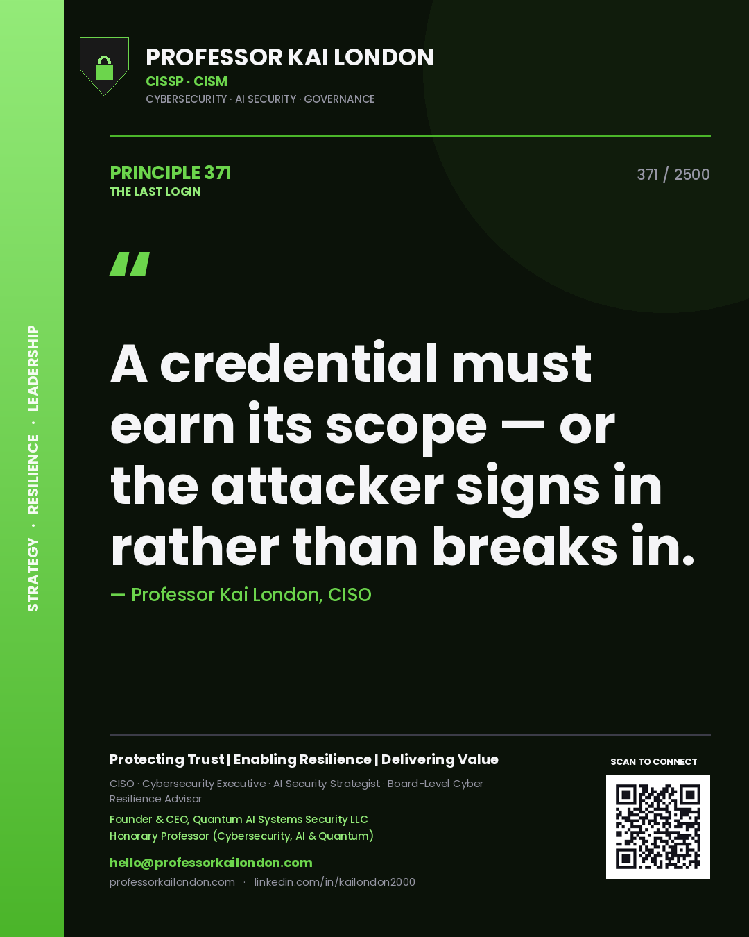 Quote card by Professor Kai London reading 'A credential must earn its scope — or the attacker signs in rather than breaks in.'. From the book The Last Login.