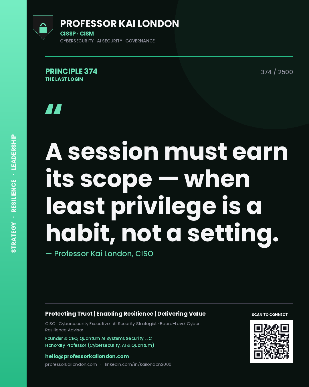 Quote card by Professor Kai London reading 'A session must earn its scope — when least privilege is a habit, not a setting.'. From the book The Last Login.