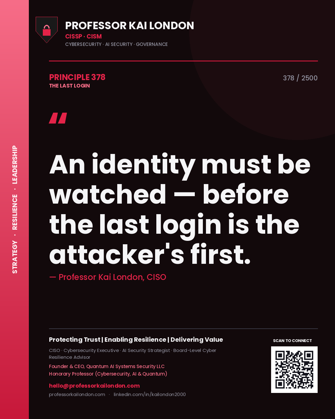 Quote card by Professor Kai London reading 'An identity must be watched — before the last login is the attacker's first.'. From the book The Last Login.