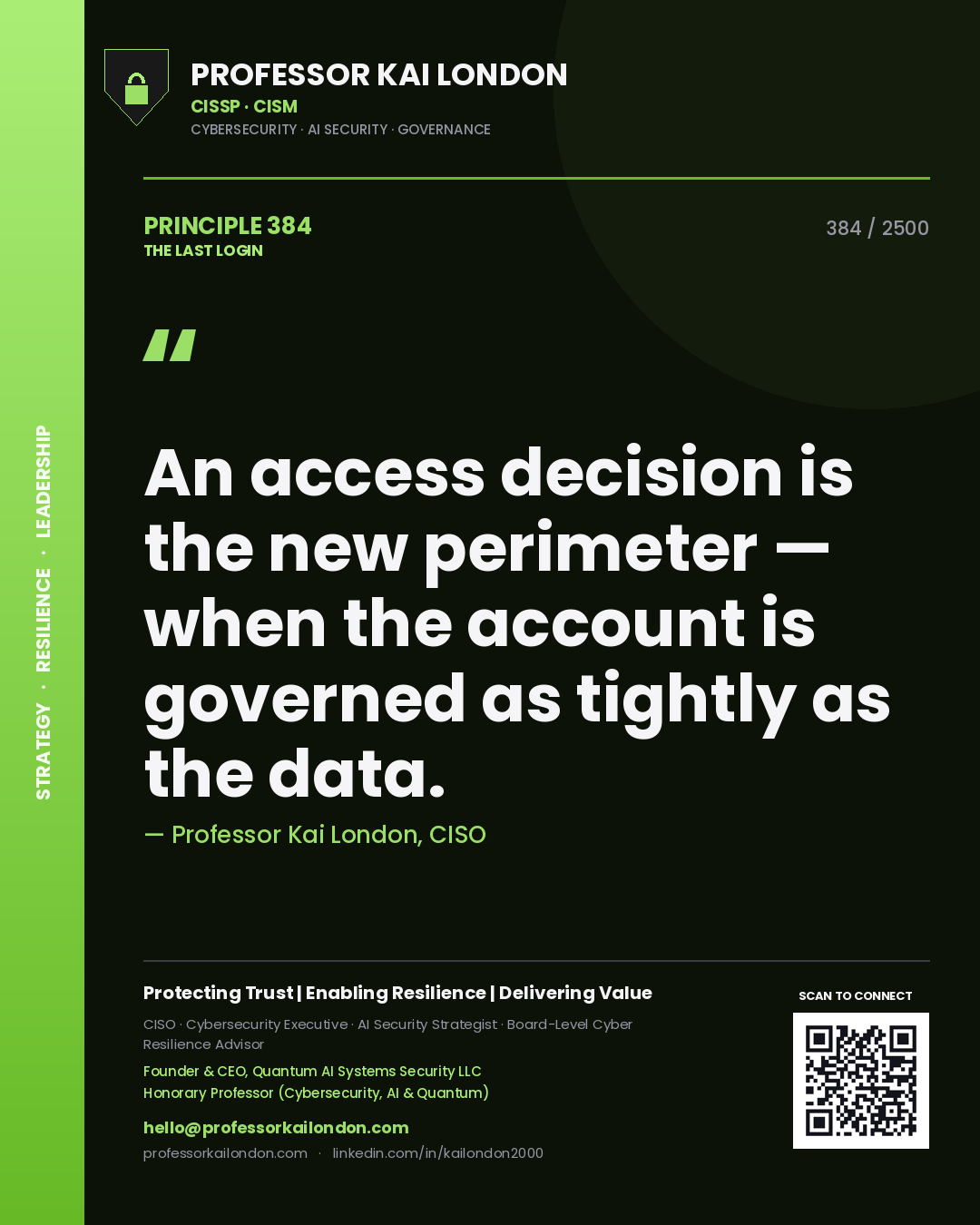 Quote card by Professor Kai London reading 'An access decision is the new perimeter — when the account is governed as tightly as the data.'. From the book The Last Login.