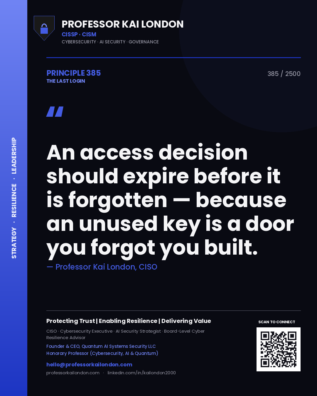 Professor Kai London principle 385: An access decision should expire before it is forgotten — because an unused key is a door you forgot you built.