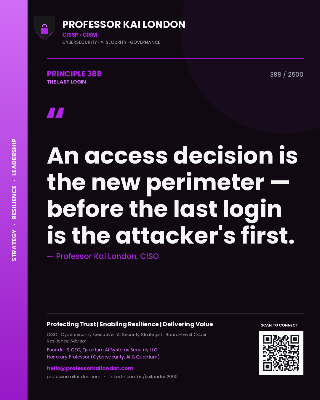 Quote card by Professor Kai London reading 'An access decision is the new perimeter — before the last login is the attacker's first.'. From the book The Last Login.
