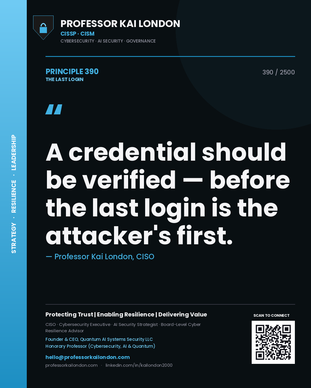 Quote card by Professor Kai London reading 'A credential should be verified — before the last login is the attacker's first.'. From the book The Last Login.