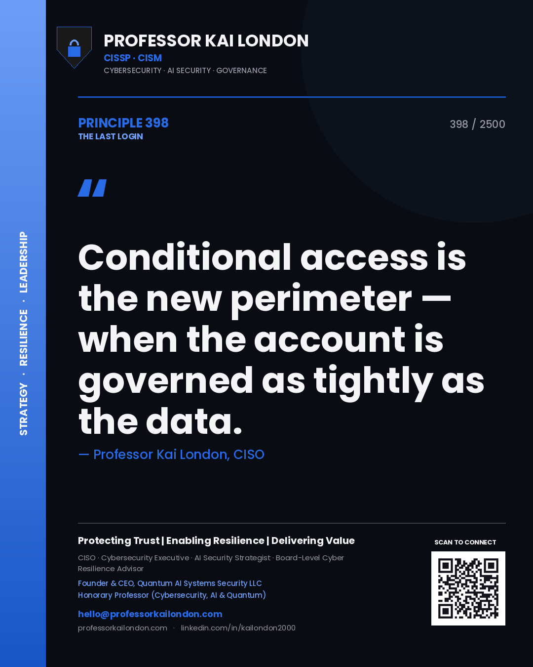 Quote card by Professor Kai London reading 'Conditional access is the new perimeter — when the account is governed as tightly as the data.'. From the book The Last Login.