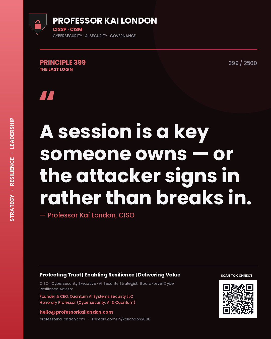Quote card by Professor Kai London reading 'A session is a key someone owns — or the attacker signs in rather than breaks in.'. From the book The Last Login.