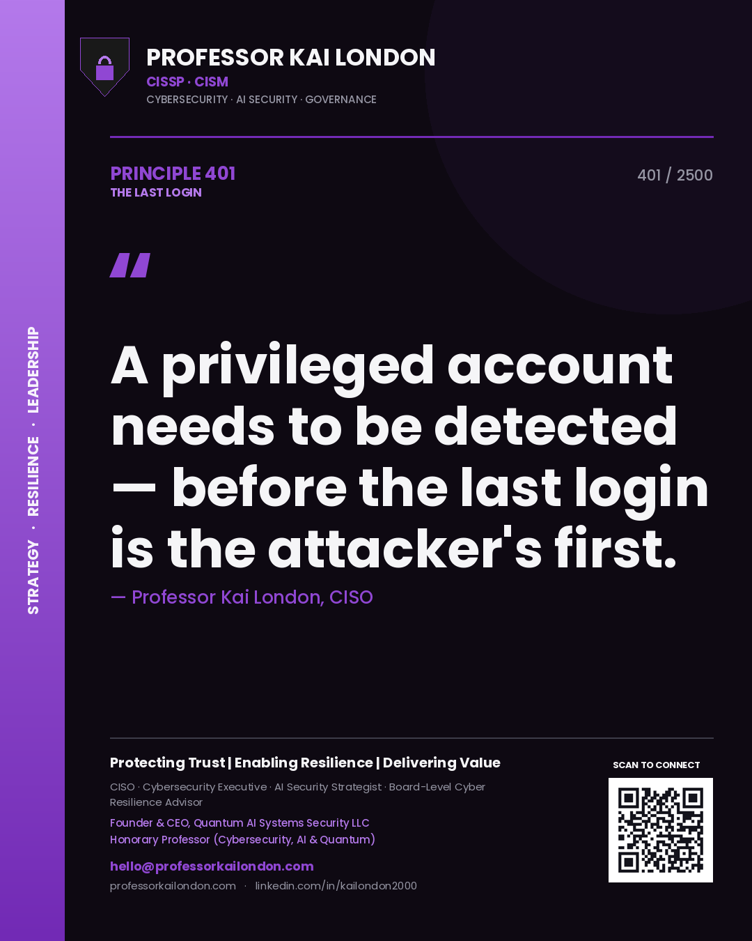 Professor Kai London principle 401: A privileged account needs to be detected — before the last login is the attacker's first.