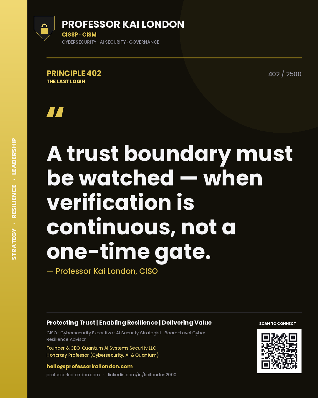 Professor Kai London principle 402: A trust boundary must be watched — when verification is continuous, not a one-time gate.