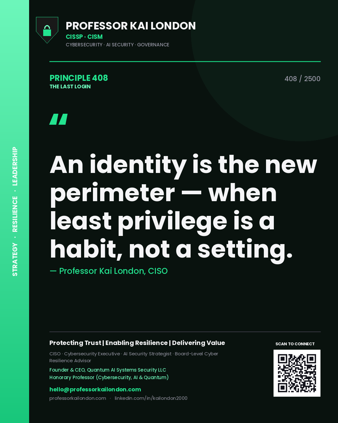 Quote card by Professor Kai London reading 'An identity is the new perimeter — when least privilege is a habit, not a setting.'. From the book The Last Login.