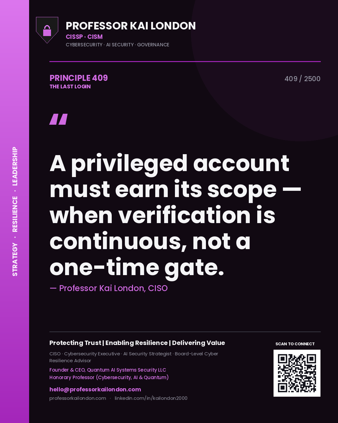 Quote card by Professor Kai London reading 'A privileged account must earn its scope — when verification is continuous, not a one-time gate.'. From the book The Last Login.