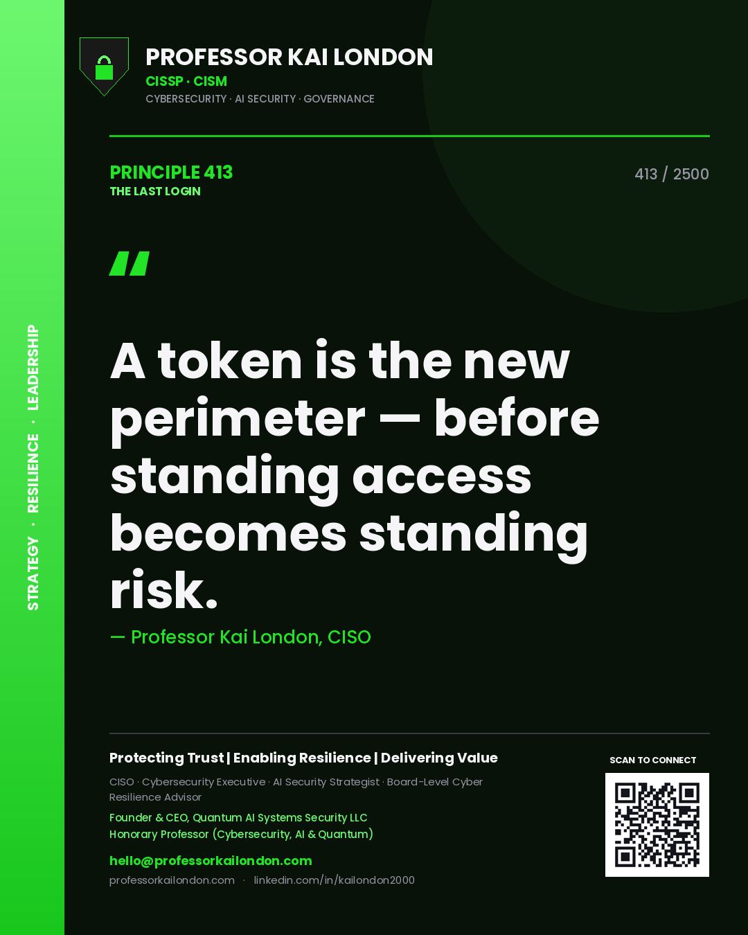 Professor Kai London principle 413: A token is the new perimeter — before standing access becomes standing risk.