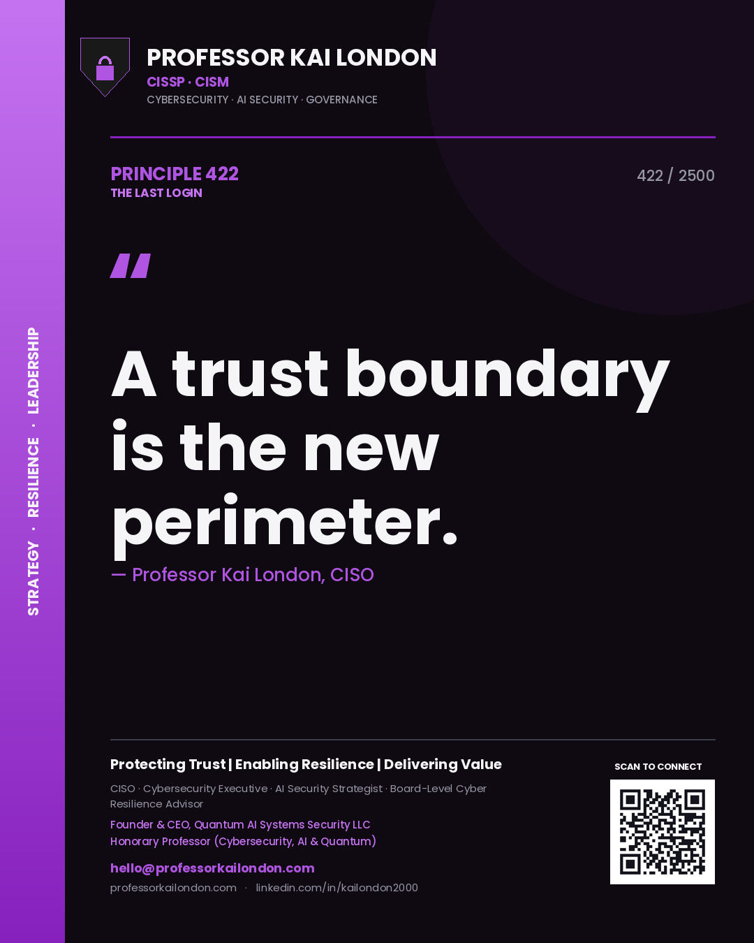 Quote card by Professor Kai London reading 'A trust boundary is the new perimeter.'. From the book The Last Login.
