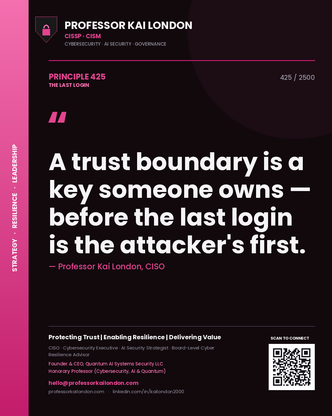 Quote card by Professor Kai London reading 'A trust boundary is a key someone owns — before the last login is the attacker's first.'. From the book The Last Login.