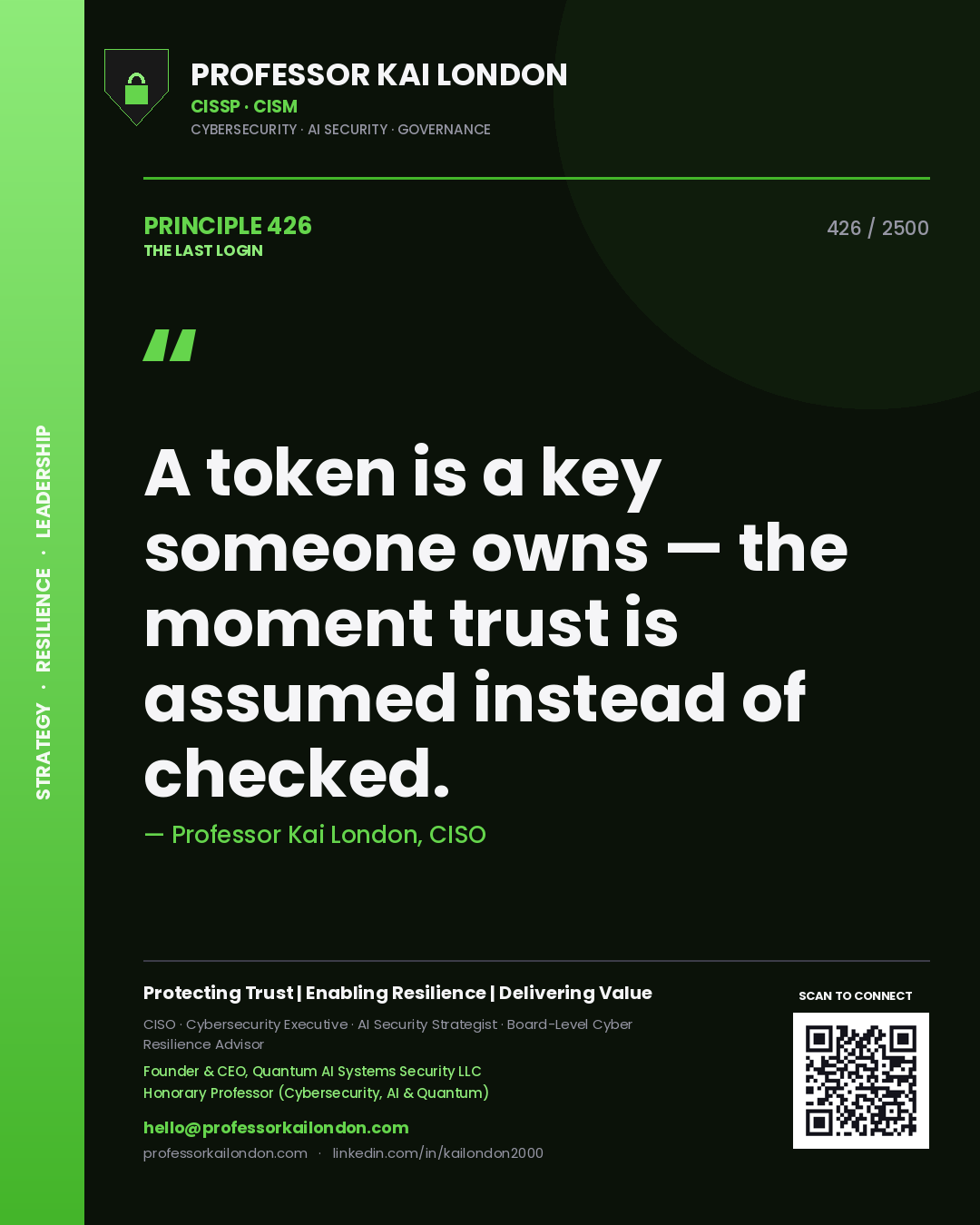 Professor Kai London principle 426: A token is a key someone owns — the moment trust is assumed instead of checked.