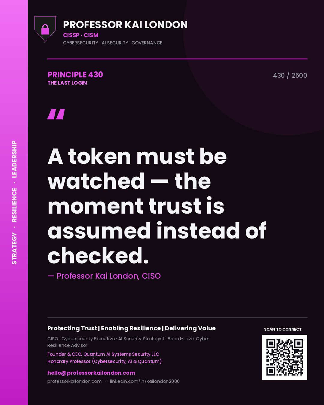 Professor Kai London principle 430: A token must be watched — the moment trust is assumed instead of checked.