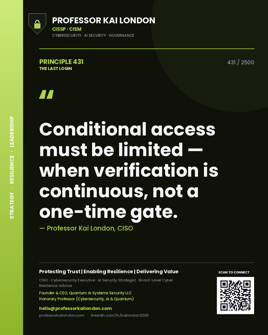 Quote card by Professor Kai London reading 'Conditional access must be limited — when verification is continuous, not a one-time gate.'. From the book The Last Login.