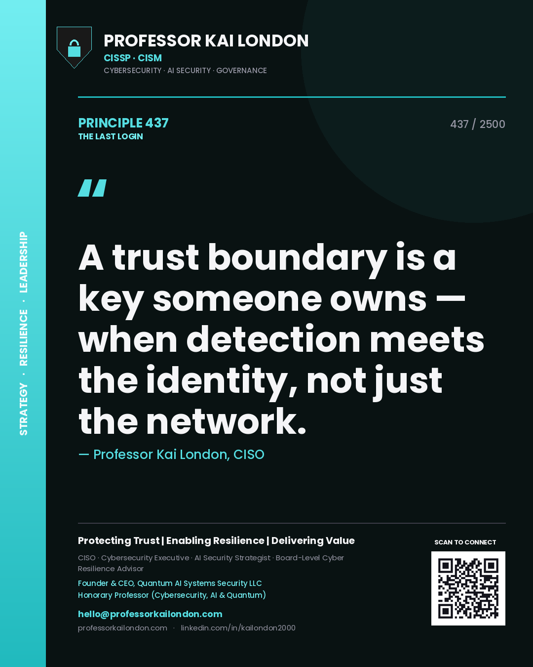 Quote card by Professor Kai London reading 'A trust boundary is a key someone owns — when detection meets the identity, not just the network.'. From the book The Last Login.