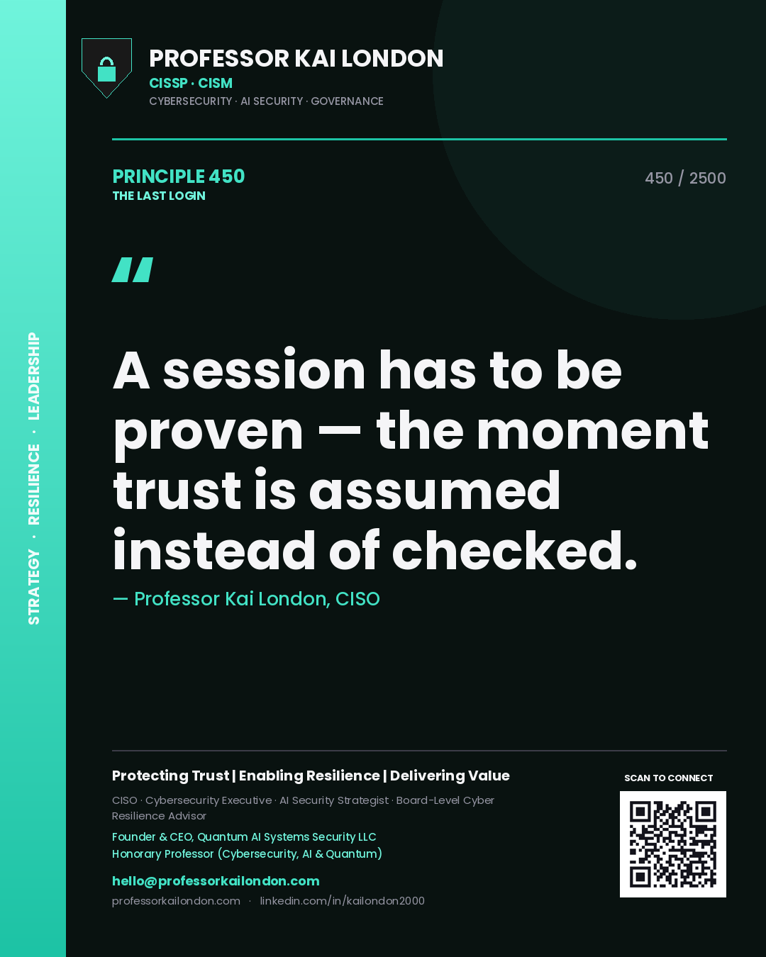 Professor Kai London principle 450: A session has to be proven — the moment trust is assumed instead of checked.