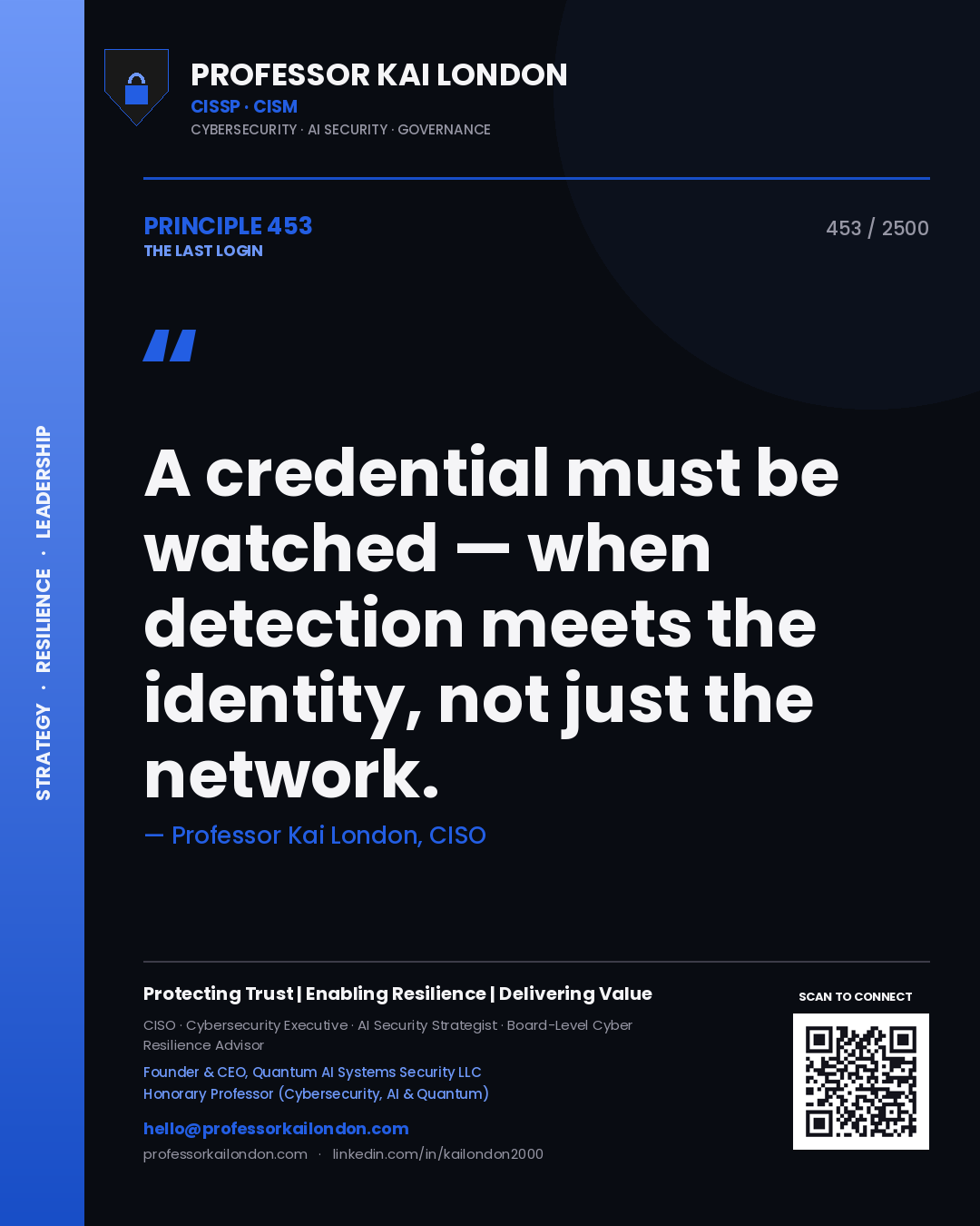 Professor Kai London principle 453: A credential must be watched — when detection meets the identity, not just the network.
