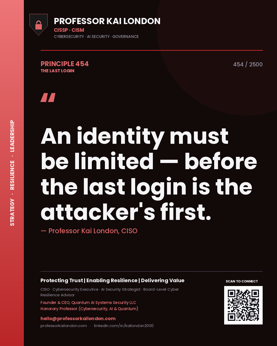 Quote card by Professor Kai London reading 'An identity must be limited — before the last login is the attacker's first.'. From the book The Last Login.