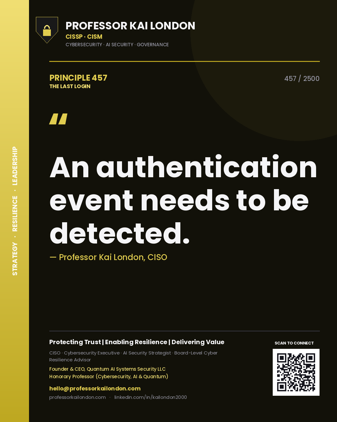 Quote card by Professor Kai London reading 'An authentication event needs to be detected.'. From the book The Last Login.