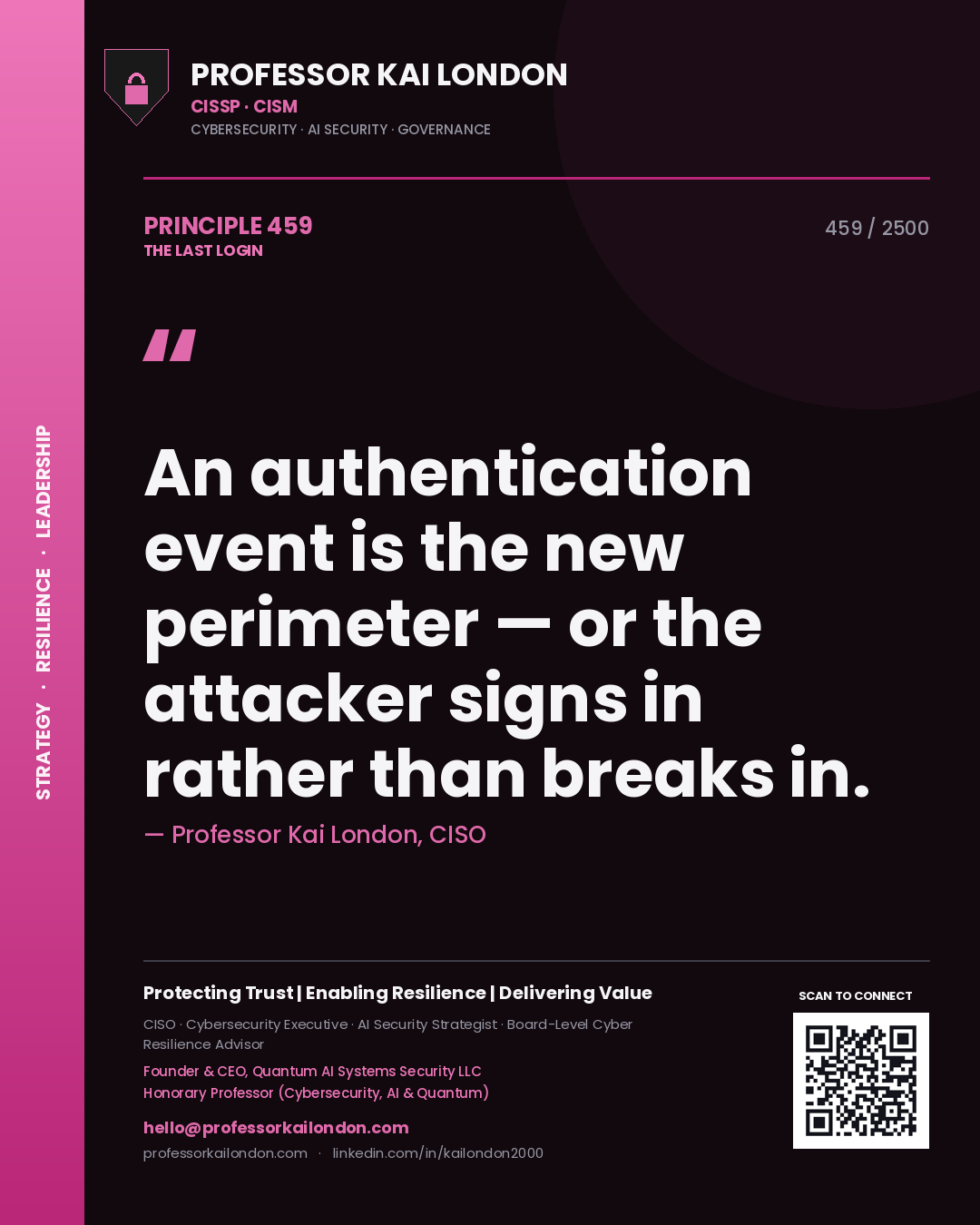 Quote card by Professor Kai London reading 'An authentication event is the new perimeter — or the attacker signs in rather than breaks in.'. From the book The Last Login.
